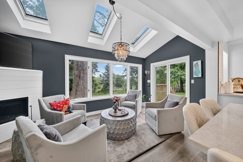 The family room under the skylights