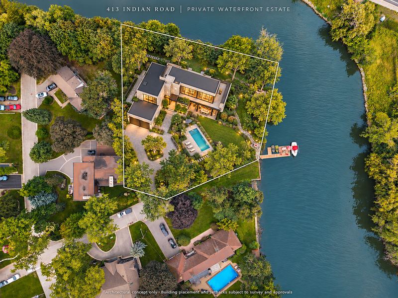 One new modern estate with a pool court and motor court across the whole lot, from above (concept rendering)