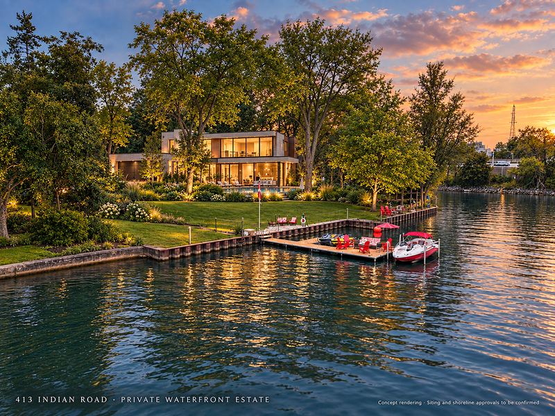 One new modern estate on the lot, seen from the bay at dusk (concept rendering)