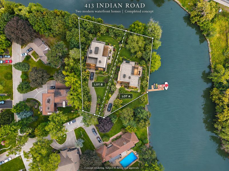 Two homes on Lot A and Lot B with the proposed severance line, from above (concept rendering)