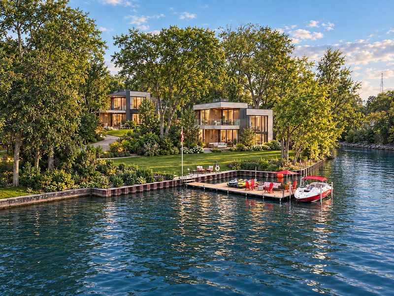 Two modern waterfront homes on the severed lots, seen from the bay (concept rendering)